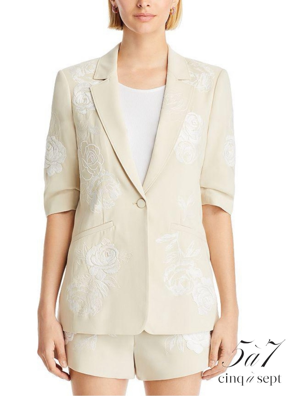 Cinq à Sept **NWT** Khloe Embroidered Floral Floating Roses Elbow Sleeve Blazer